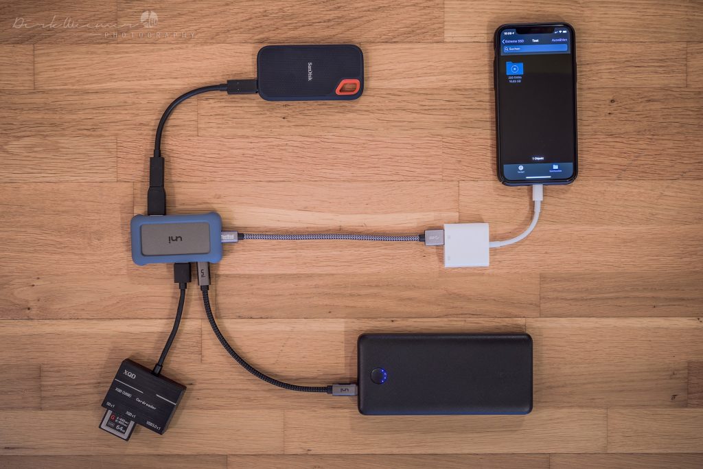 Fotos ohne Notebook sichern: Variante 2 - Setup am iPhone 11 Pro über den Apple Lightning auf USB 3 Kamera Adapter 